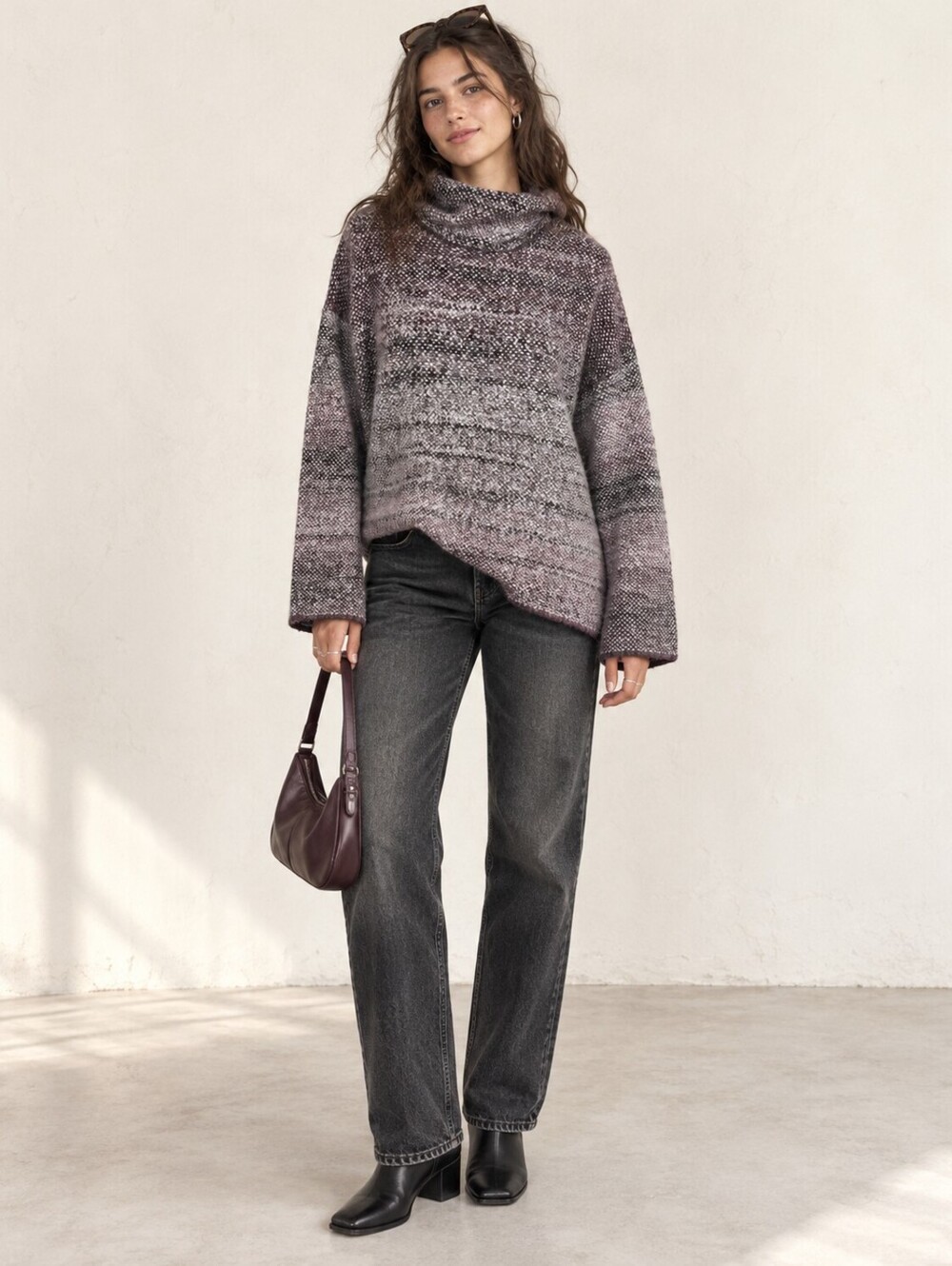 Max Studio Purple Gray Variegated Knit Cowl Neck Sweater